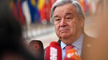 UN Secretary General Antonio Guterres arrives for the EU summit in Brussels on Thursday. AP
