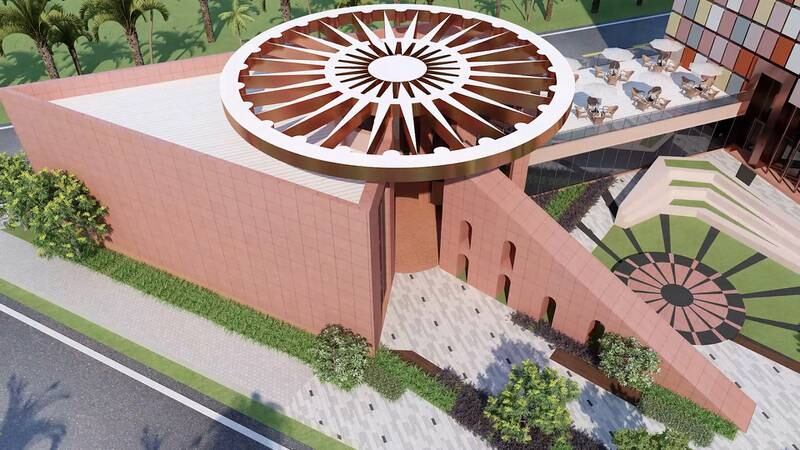 The spinning wheel or chakra will be the roof of a plaza where people will be encouraged to explore.