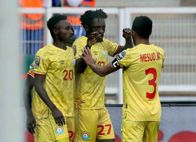 Ethiopia's Dawa Hotessa celebrates after scoring. Reuters