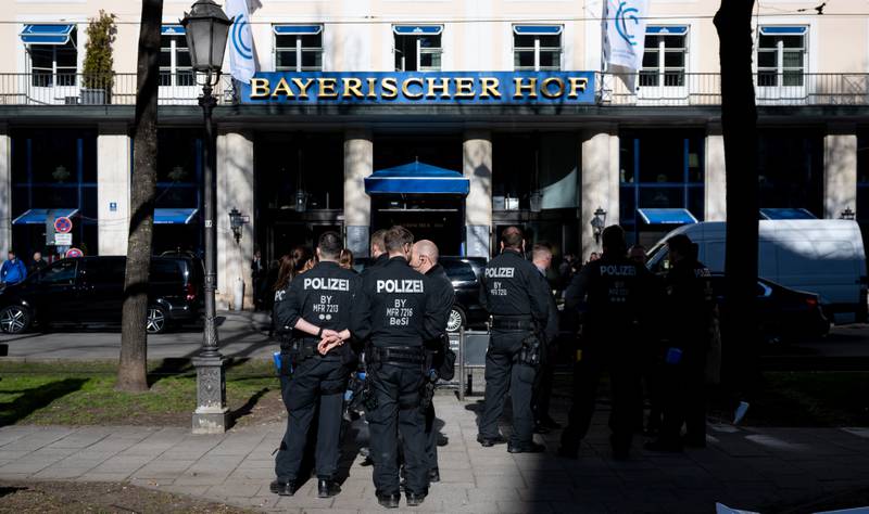 Police officers stand in front of the Hotel Bayerischer Hof ahead of the Munich Security Conference. Getty Images