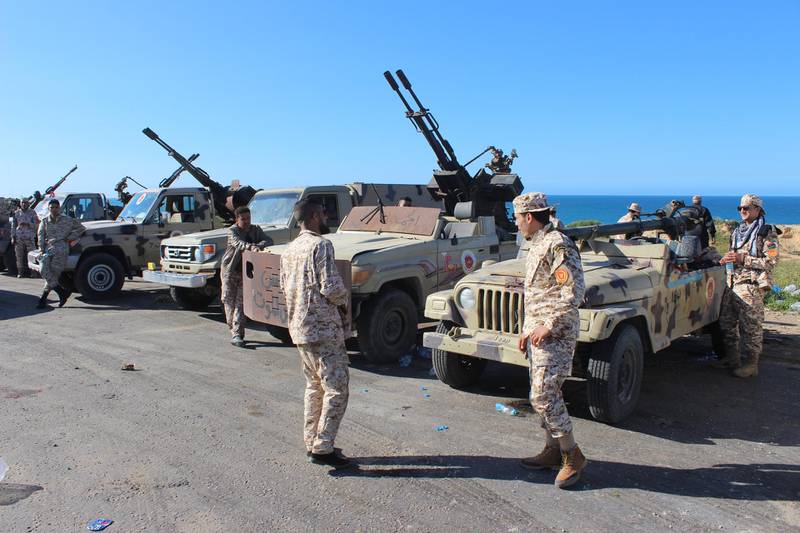 Vehicles and militants, reportedly from the Misrata militia, gather to join Tripoli forces, in Tripoli, Libya.  EPA