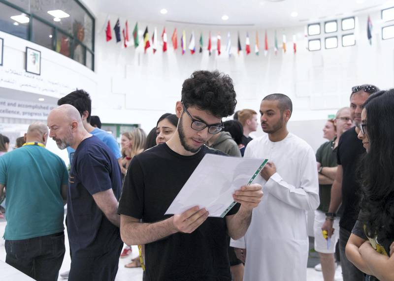 DUBAI, UNITED ARAB EMIRATES. 15 AUGUST 2019. Abdul Rahim Khater, 18, receives his A-Level results at Jumeirah College school.(Photo: Reem Mohammed/The National)Reporter:Section: