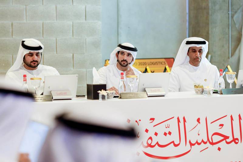 Dubai Crown Prince Sheikh Hamdan bin Mohammed bin Rashid Al Maktoum chairs a meeting of the Executive Council of Dubai at Expo2020 in presence of Maktoum Bin Mohammed, Deputy Ruler of Dubai. Wam