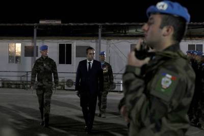 French Armed Forces Minister Sebastien Lecornu, centre, visits the base of the French contingent of the UN Interim Forces in Lebanon. AFP