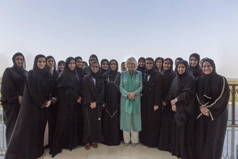 Camilla met a group of prominent UAE women at a Women’s Empowerment Lunch, where she was greeted by Dr Noura Al Kaabi, Minister of State for Federal National Council Affairs. The duchess met senior government officials, business leaders and Armed Forces officers during the event. With Camilla are Dr Noura Al Kaabi, front row fourth right, Najla Al Awar, Minister of Community Development, front row sixth right, Dr Maha Tayseer Barakat, Director General of the Health Authority – Abu Dhabi (Haad), back row second left, among others. Sharina Lootah / Crown Prince Court - Abu Dhabi