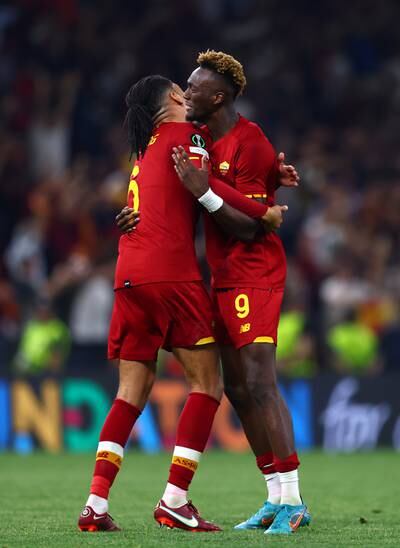 Roma's Chris Smalling and Tammy Abraham celebrate their victory. Getty