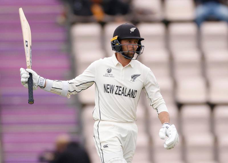 New Zealand opener Devon Conway celebrates reaching his half century against India on Day 3 of the World Test Championship final at the Ageas Bowl in Southampton on Sunday, June 20. reuters