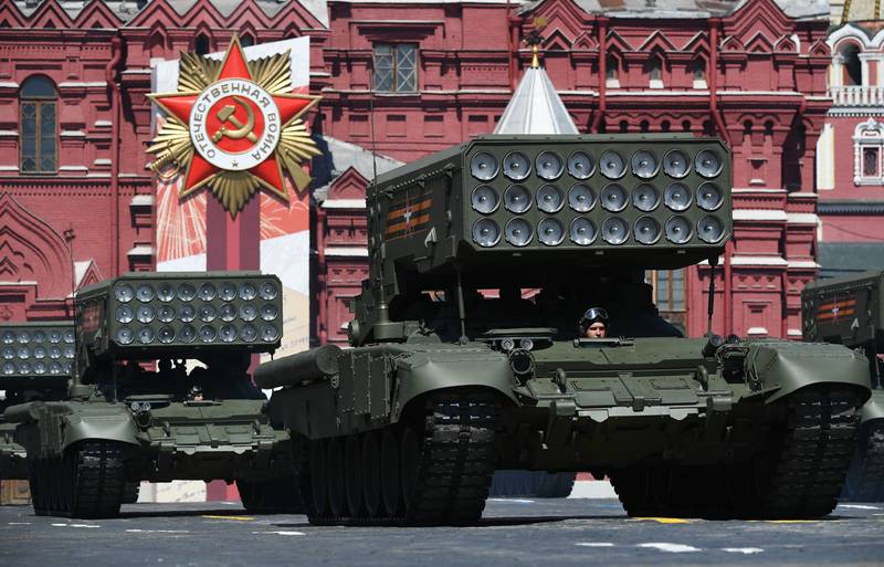 The TOS-1A Solntsepyok multiple thermobaric rocket launchers during the Victory Day military parade in Red Square, Moscow, in June 2020. Getty