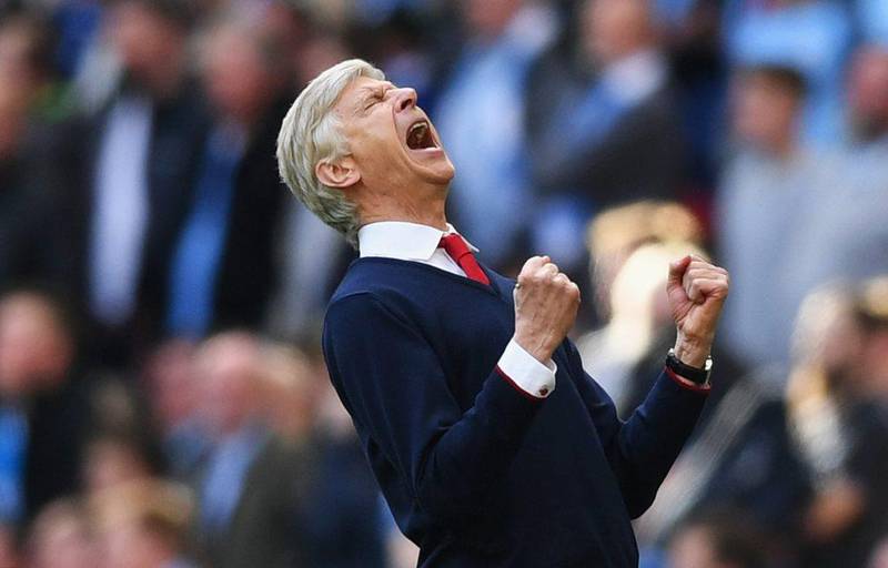 Arsene Wenger celebrates Arsenal's 2-1 victory over Manchester City in the FA Cup semi-final at Wembley Stadium in London on April 23, 2017. Shaun Botterill / Getty Images