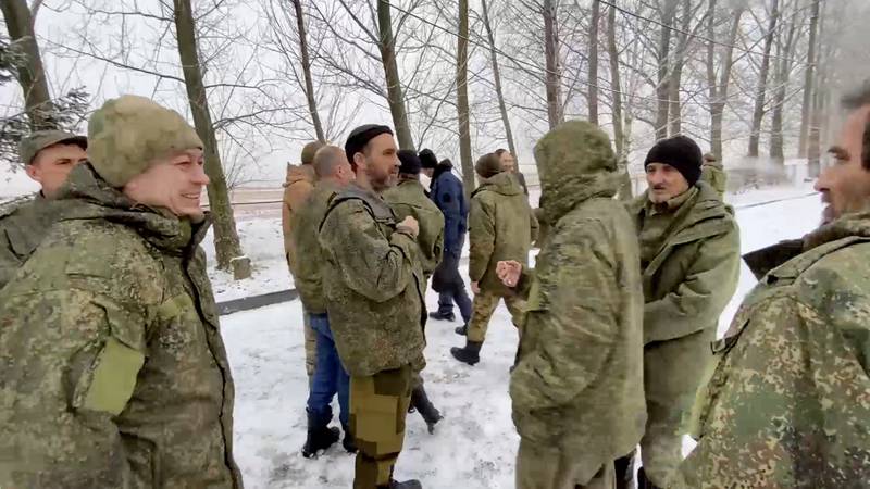 A still image from video released by the Russian Defence Ministry shows what it says are Russian troops released by Ukraine during the latest exchange. Reuters