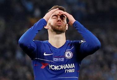 Soccer Football - Carabao Cup Final - Manchester City v Chelsea - Wembley Stadium, London, Britain - February 24, 2019 Chelsea's Jorginho reacts after missing a penalty during the shootout REUTERS/David Klein EDITORIAL USE ONLY. No use with unauthorized audio, video, data, fixture lists, club/league logos or 'live' services. Online in-match use limited to 75 images, no video emulation. No use in betting, games or single club/league/player publications. Please contact your account representative for further details.