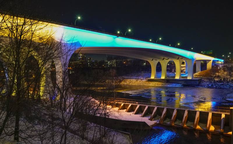 The I-35W Bridge glows blue and yellow in support of the people of Ukraine in Minneapolis, Minnesota. EPA