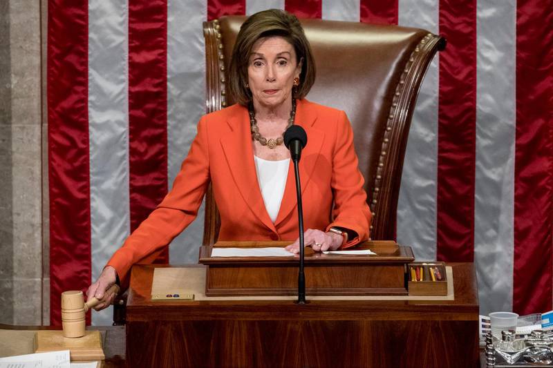 House Speaker Nancy Pelosi of Calif. gavels as the House votes 232-196 to pass resolution on impeachment procedure to move forward with procedures for the next phase of the impeachment inquiry into President Trump in the House Chamber on Capitol Hill in Washington, Thursday, Oct. 31, 2019. The resolution would authorize the next stage of impeachment inquiry into President Donald Trump, including establishing the format for open hearings, giving the House Committee on the Judiciary the final recommendation on impeachment, and allowing President Trump and his lawyers to attend events and question witnesses. (AP Photo/Andrew Harnik)