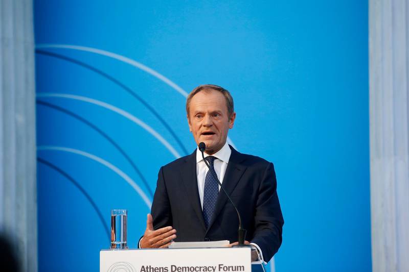 epa07908126 European Council President Donald Tusk delivers a speech at the 1st Athens Democracy Forum held in Zappeion Hall in Athens, Greece, 09 October 2019. European Council President Donald Tusk is on an official visit in Greece.  EPA/YANNIS KOLESIDIS