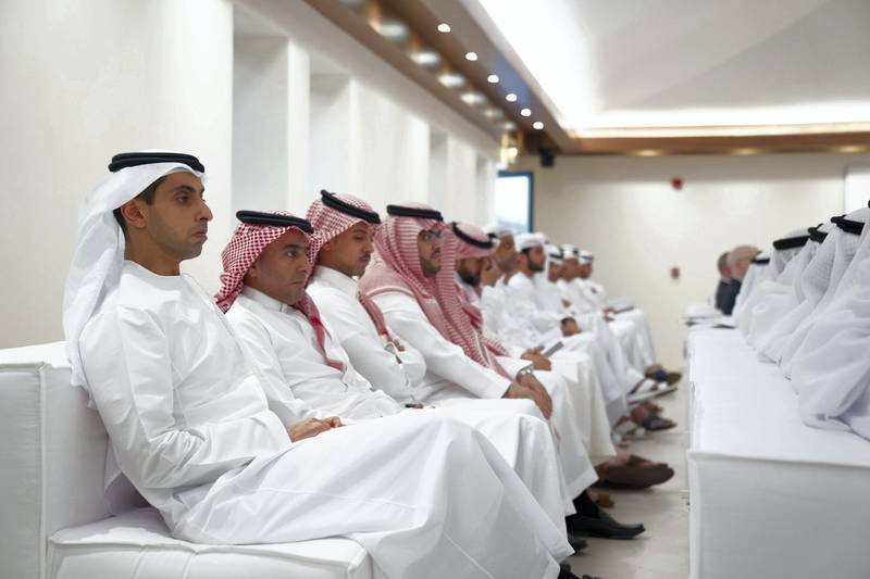 ABU DHABI, UNITED ARAB EMIRATES - May 20, 2019: HH Sheikh Khaled bin Zayed Al Nahyan, Chairman of the Board of Zayed Higher Organization for Humanitarian Care and Special Needs (ZHO) (L), attends a lecture by James Mattis, Former US Secretary of Defense (not shown), titled: 'The Value of the UAE - US Strategic Relationship', at Majlis Mohamed bin Zayed.

( Mohamed Al Hammadi / Ministry of Presidential Affairs )
---