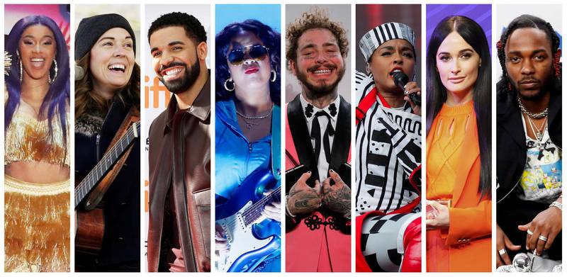 FILE PHOTO: Grammy Award nominations in Album of the Year category includes artists in this combination photo L-R: Cardi B, Brandi Carlile, Drake, H.E.R., Post Malone, Janelle Monae, Kacey Musgraves and Kendrick Lamar, in Reuters file photos.  REUTERS/File Photos