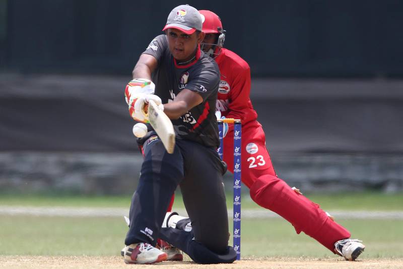 UAE captain Aryan Lakra in batting action against Oman during their Under 19 World Cup Qualifier match in Kuala Lumpur on Thursday. Courtesy ICC