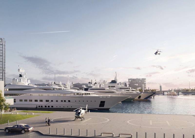 The marina will have 1,100 berths, including 180 for superyachts, plus an exclusive yacht club and a helipad.