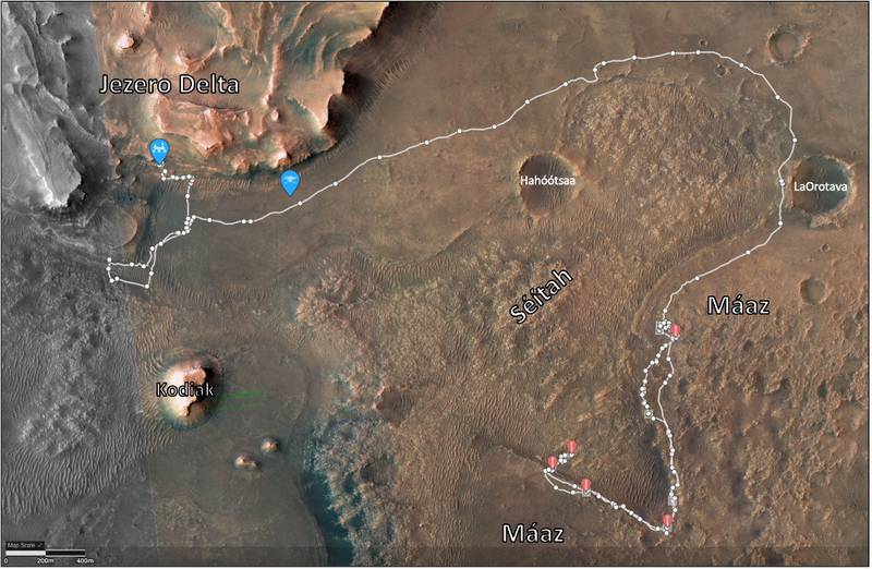An image overlaid with the path taken by Nasa's Perseverance rover since it landed in Jezero Crater on Mars on February 18, 2021. It traces its route from an area called Seitah to Maaz and to its present location at one of the main features in the crater, identified as an ancient river delta, upper left.  Red points indicate crater floor sampling locations; blue points indicate the present locations of the Perseverance Rover, left, and the Ingenuity helicopter. Photo: Nasa / Reuters 