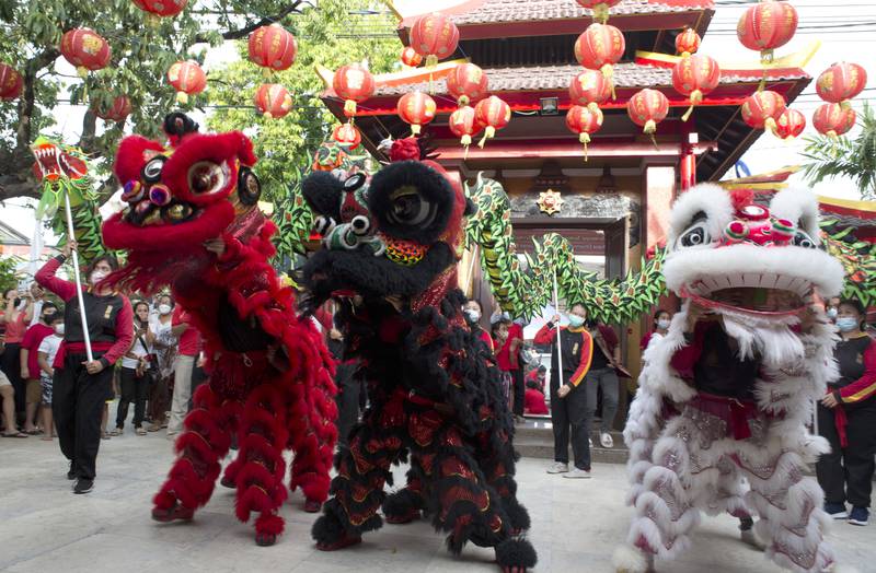 Lion dancers perform at a temple in Bali, Indonesia. AP