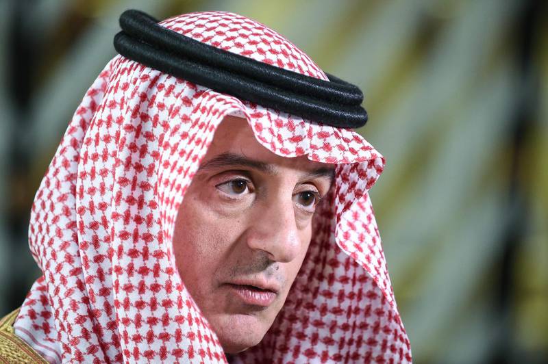 (FILES) In this file photo taken on February 4, 2019, Saudi Arabia Foreign Minister Adel al-Jubeir  answers journalist during an European Union-Leagues Arab States ministerial meeting in Brussels.  Saudi Crown Prince Mohammed bin Salman was "not involved" in the murder of journalist Jamal Khashoggi, and blaming him would be crossing "a red line," Adel al-Jubeir said on February 8, 2019. / AFP / JOHN THYS
