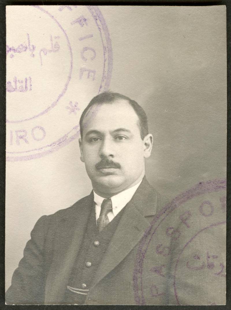 Portrait of Nasri Fuleihan with stamps from the Cairo passport office, circa 1919. Gail O'Keefe Edson. Courtesy of Akkasah Centre for Photography.