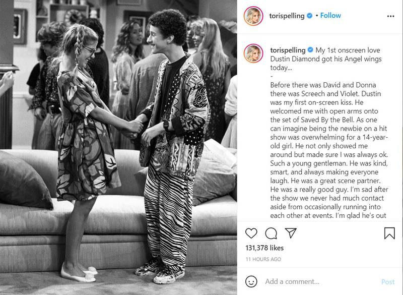 Actress Tori Spelling took to Instagram to reveal that Diamond's character Screech was her first onscreen kiss, and that she would never forget his kindness on set. Instagram