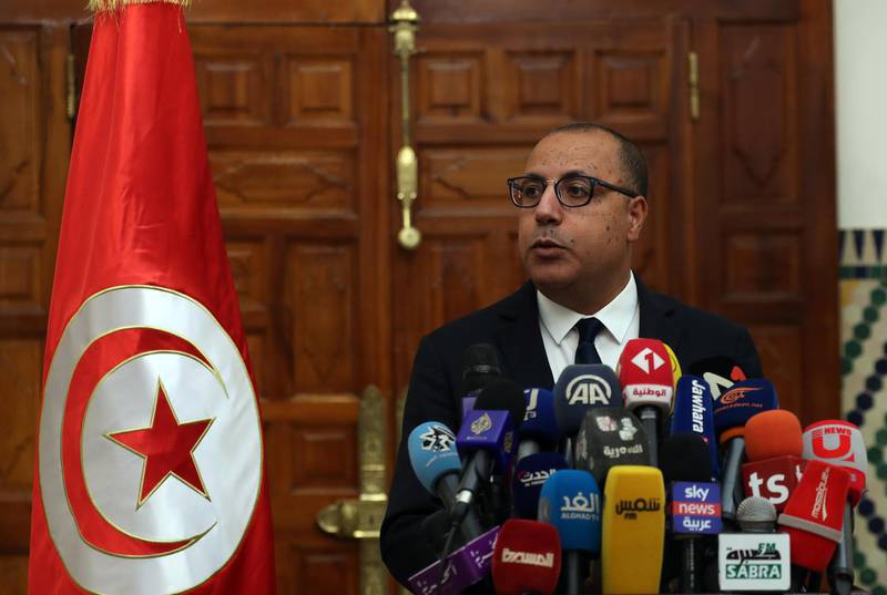epa08595835 Tunisian Prime Minister-designate Hichem Mechichi briefs the media about his proposed government list in Carthage, east of the capital Tunis, Tunisia, 10 August 2020. Mechichi was tasked with forming a new government following the resignation of Elyes Fakhfakh's cabinet on 15 July 2020. Mechichi has until 25 August to form a government and present it to the Assembly of People's Representatives.  EPA/MOHAMED MESSARA