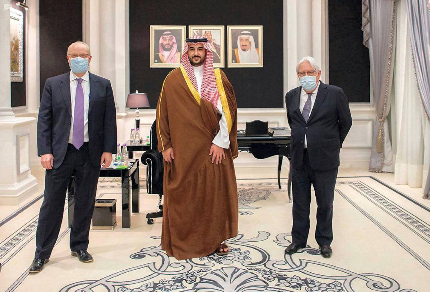 Saudi Arabia‚Äôs Deputy Defense Minister Prince Khalid Bin Salman, received the UN secretary-general's special envoy to Yemen, Martin Griffiths, right, and the US envoy for Yemen, Timothy Lenderking. SPA