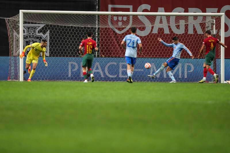 Alvaro Morata scores for Spain against Portugal at the Municipal stadium in Braga. EPA