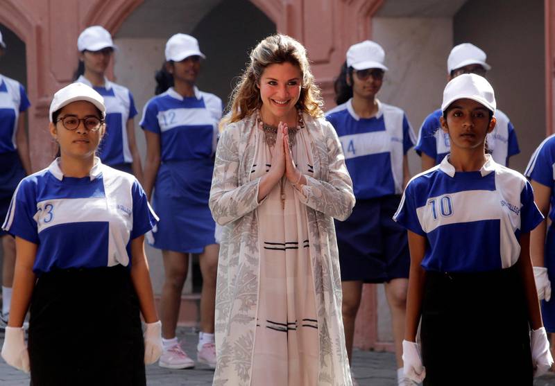 Mrs Trudeau greets students as she arrives at Sophia College in Mumbai. Rajanish Kakade / Reuters