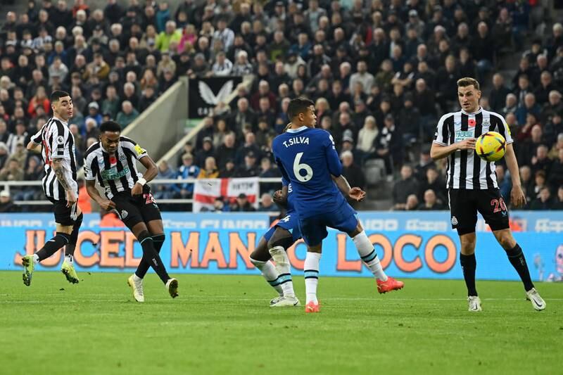  Joe Willock of Newcastle United scores at St James' Park. Getty