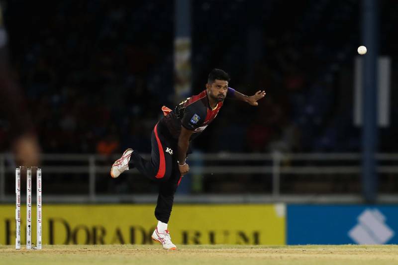 PORT OF SPAIN, TRINIDAD AND TOBAGO - SEPTEMBER 04: In this handout image provided by CPL T20, Seekkuge Prasanna of Trinbago Knight Riders bowls during the Hero Caribbean Premier League match between Trinbago Knight Riders and St Kitts Nevis Patriots at Queen's Park Oval on September 04, 2019 in Port of Spain, Trinidad And Tobago. (Photo by Ashley Allen - CPL T20/CPL T20 via Getty Images)