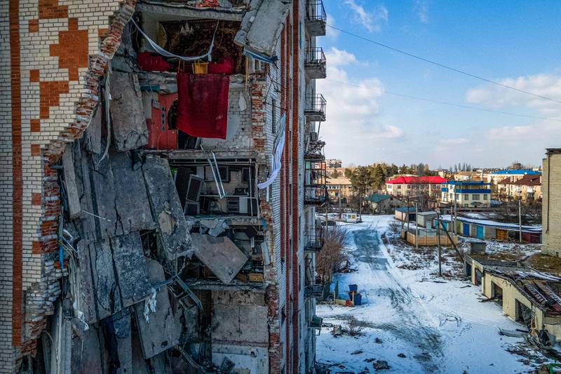 A residential building in the town of Lyman, Donetsk region, damaged during the Russian invasion of Ukraine. AFP