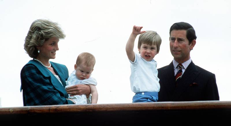 Prince Charles, Prince of Wales and Diana, Princess of Wales with Prince William and Prince Harry on the Royal Yacht Britannia on May 6, 1985 in Venice, Italy