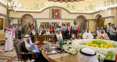 Sheikh Mohammed bin Rashid and Sheikh Mohammed bin Zayed, Crown Prince of Abu Dhabi and the Deputy Supreme Commander of the UAE Armed Forces with Saudi King Abdullah, and King Hamad bin Isa Al Khalifa of Bahrain, second from left. November 16 2014. Crown Prince Court — Abu Dhabi