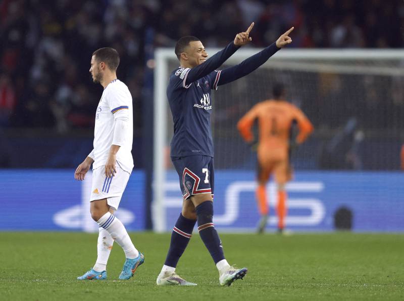 Paris St-Germain's Kylian Mbappe celebrates his winner against Real. Reuters
