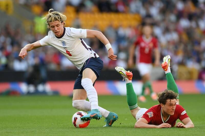 Conor Gallagher of England leaves Hungary's Callum Styles on the deck. Getty