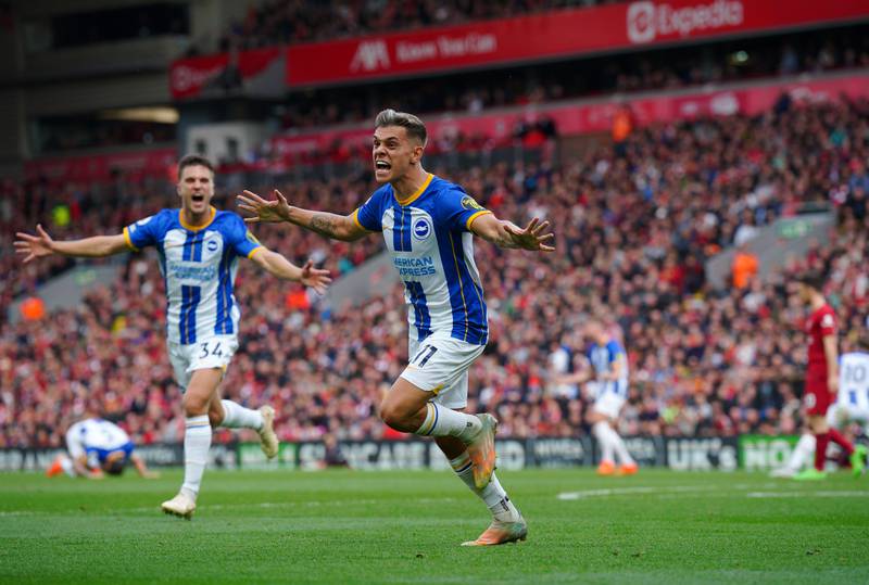 RF: Leandro Trossard (Brighton). The post-Graham Potter era at Brighton got off to an encouraging start with a 3-3 draw at Liverpool, with Trossard helping himself to all three goals. The first two, scored inside the opening 17 minutes, were particularly impressive. PA