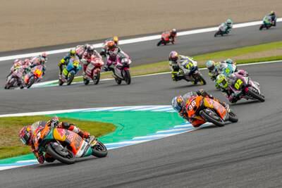 Deniz Oncu leads the pack in the Moto3 race of the Motorcycling Grand Prix in Motegi, Japan. EPA