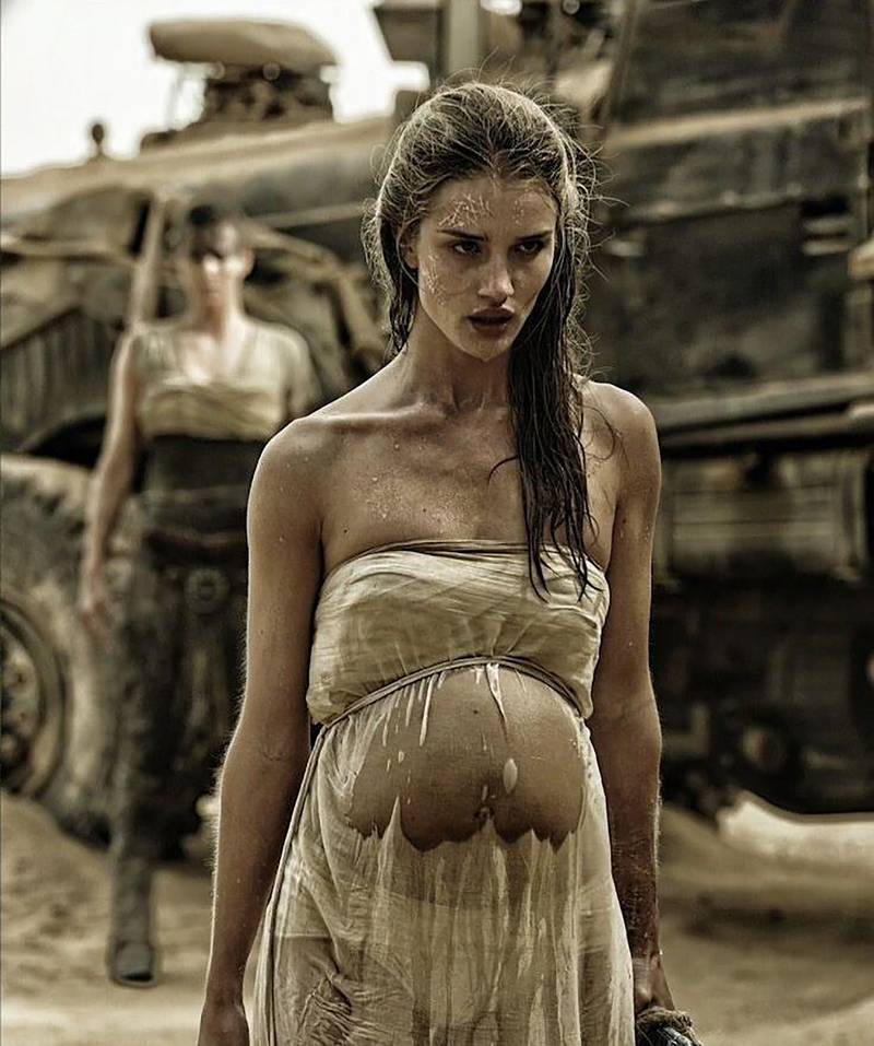 Rosie Alice Huntington-Whiteley as a pregnant character in Mad Max: Fury Road.