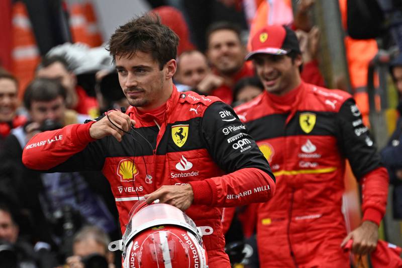 Ferrari's Charles Leclerc (L) and Carlos Sainz after  qualifying for the British Grand Prix at Silverstone on July 2, 2022. AFP