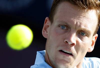 Tomas Berdych shown in action against Jeremy Chardy on Tuesday at the ATP Dubai Duty Free Tennis Championships. Ali Haider / EPA
