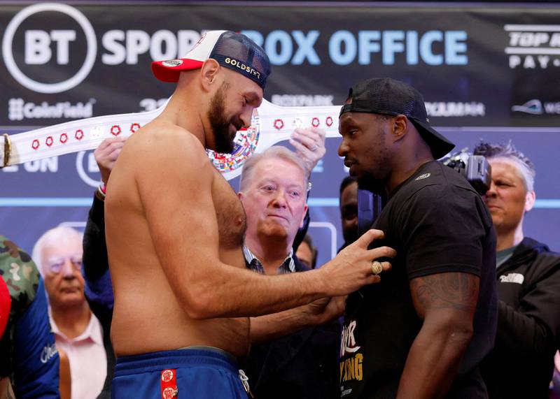 Tyson Fury and Dillian Whyte go head to head during the weigh-in ahead of the heavyweight clash at Wembley Stadium on April 23. Action Images
