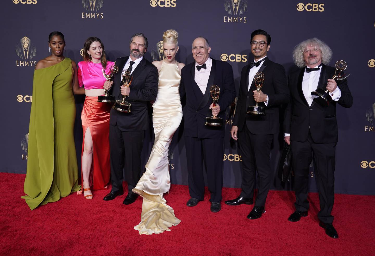 From left: Moses Ingram, Marielle Heller, Scott Frank, Anya Taylor-Joy, William Horberg, Mick Aniceto and Marcus Loges, winners of the award for Outstanding Directing for a Limited or Anthology Series or Movie, for 'The Queen's Gambit'. AP