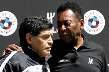 Pele and Diego Maradona together in 2016. Reuters