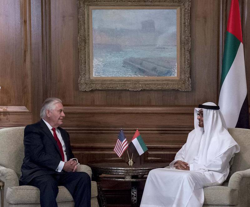 Sheikh Mohammed bin Zayed, Crown Prince of Abu Dhabi and Deputy Supreme Commander of the Armed Forces, meets with Rex Tillerson, Secretary of State of the United States of America (L). Rashed Al Mansoori / Crown Prince Court - Abu Dhabi