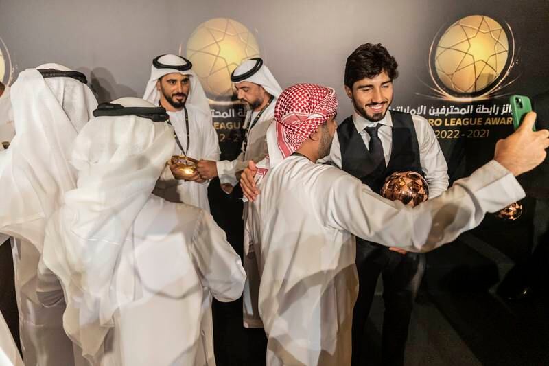 Al Ain left-back Erik Jorgens, right, was handed the Best Young Foreign player award at the UAE Pro League Awards Ceremony at Emirates Palace. Antonie Robertson/The National
