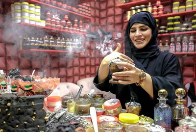 Abu Dhabi, United Arab Emirates, January 5, 2020.  Photo essay of Global Village.--     Um Zayed,( does not know her age), Emirati.  She became a mother working in this shop.  She owns the Um Zayed 85a Oud and Perfumes shop at the UAE P avillion.Victor Besa / The NationalSection:  WKReporter:  Katy Gillett