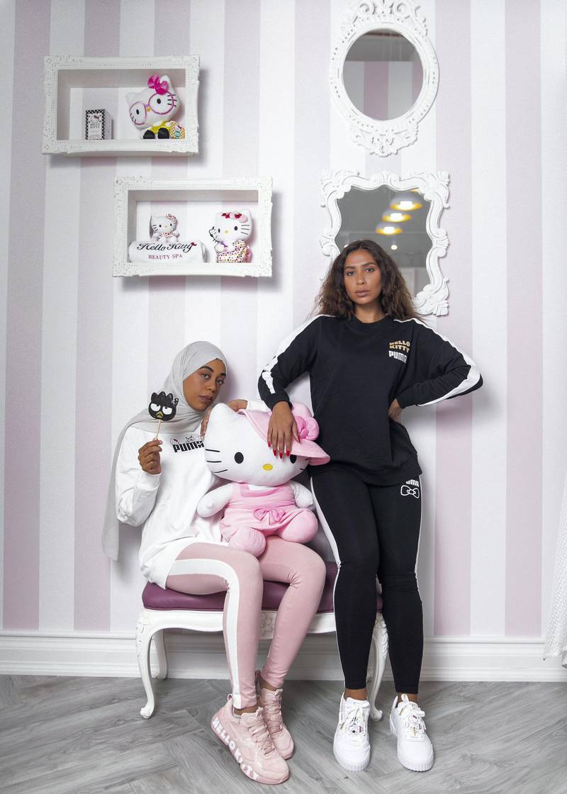 DUBAI, UNITED ARAB EMIRATES. 28 OCTOBER 2019. Puma influencers,  Junaynah El-Guthmy, left and Marwa Alshamry (also known as DJ Maww) dressed in the Puma X Hello Kitty collaboration at the Hello Kitty Beauty Spa in Dubai.(Photo: Reem Mohammed/The National)Reporter:Section: